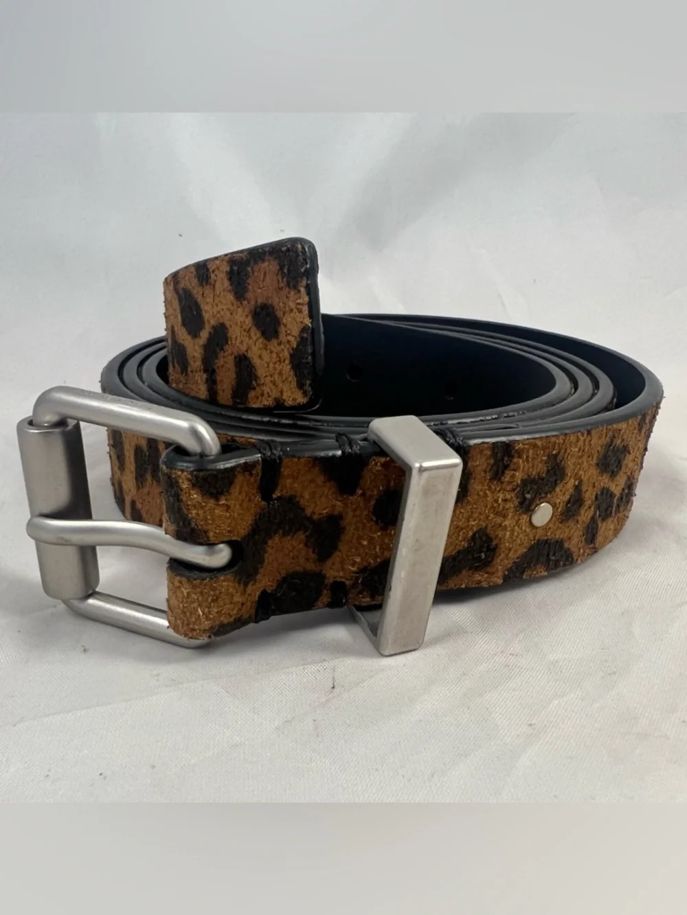 All Saints Women’s Karin Leopard Leather Silver Colored Buckle Size L